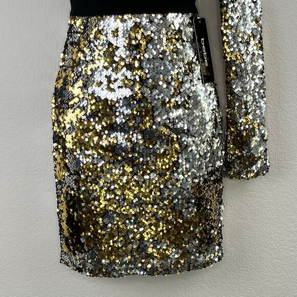 Bebe Black Gold Sequins Asymmetrical Sleeves V-Neck Mini Sheath Dress XXS/00 NWT - Picture 7 of 15